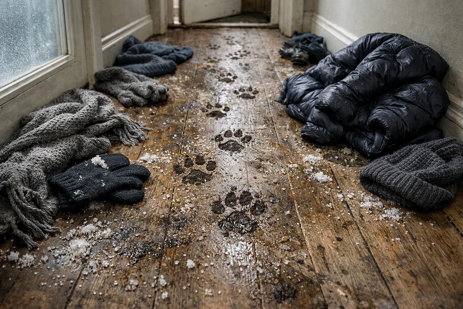 A messy hallway with winter gear and muddy paw prints on hardwood.