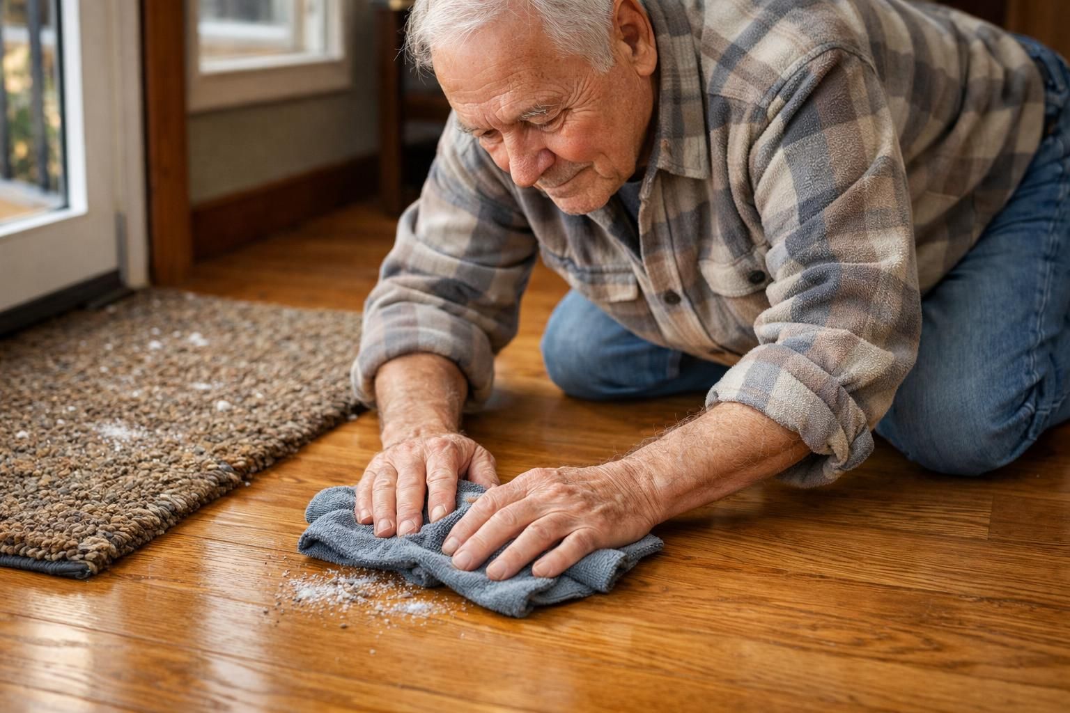 An elderly man carefully cleans a hardwood floor with a cloth.