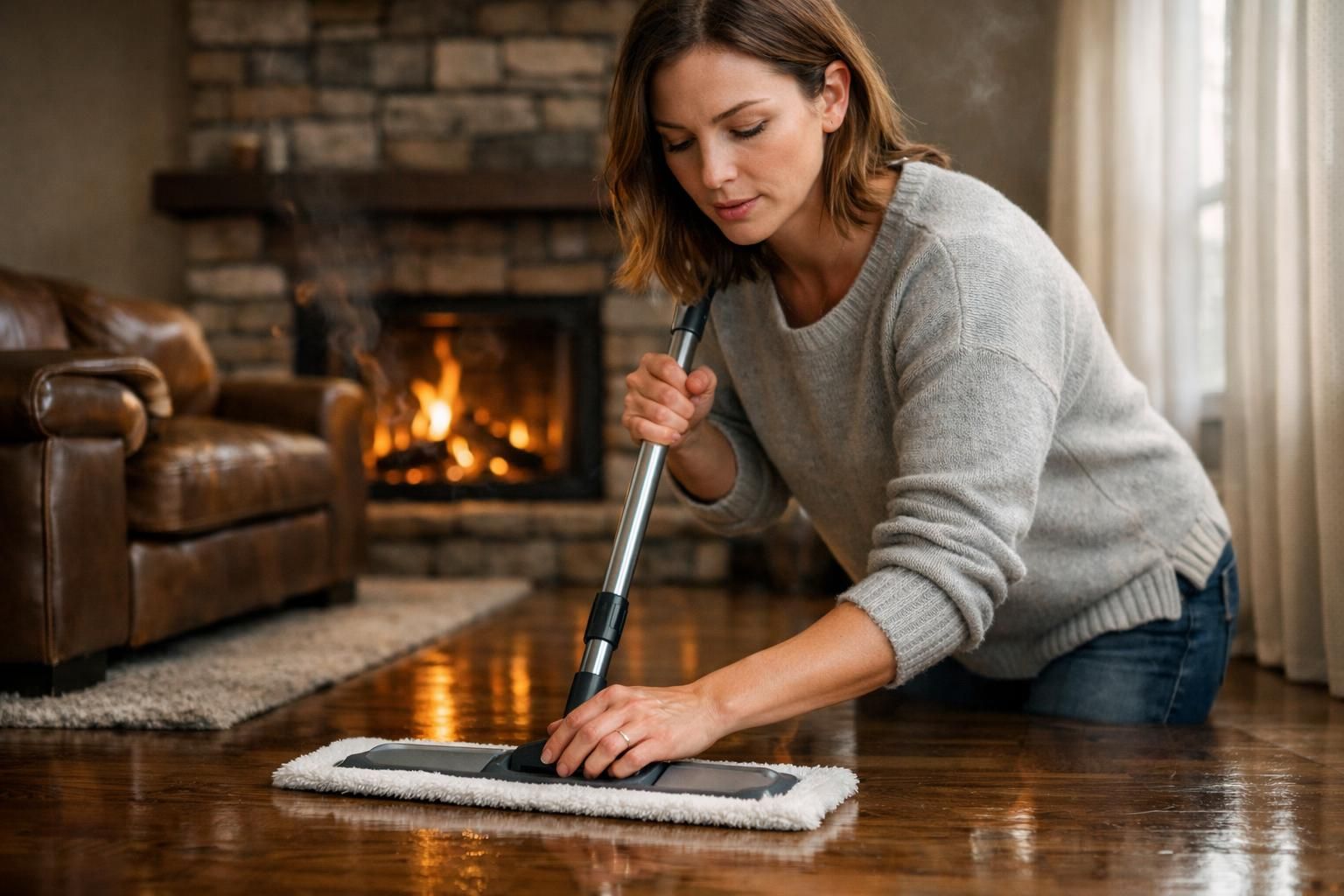 A woman mops hardwood floors in a warm, tidy living room.