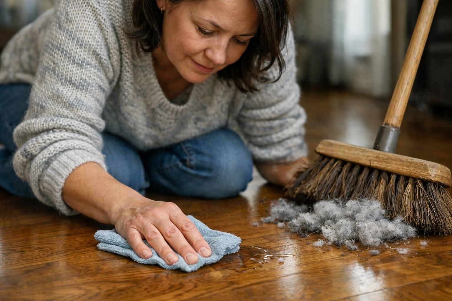 A middle-aged woman in a sweater cleans a hardwood floor.