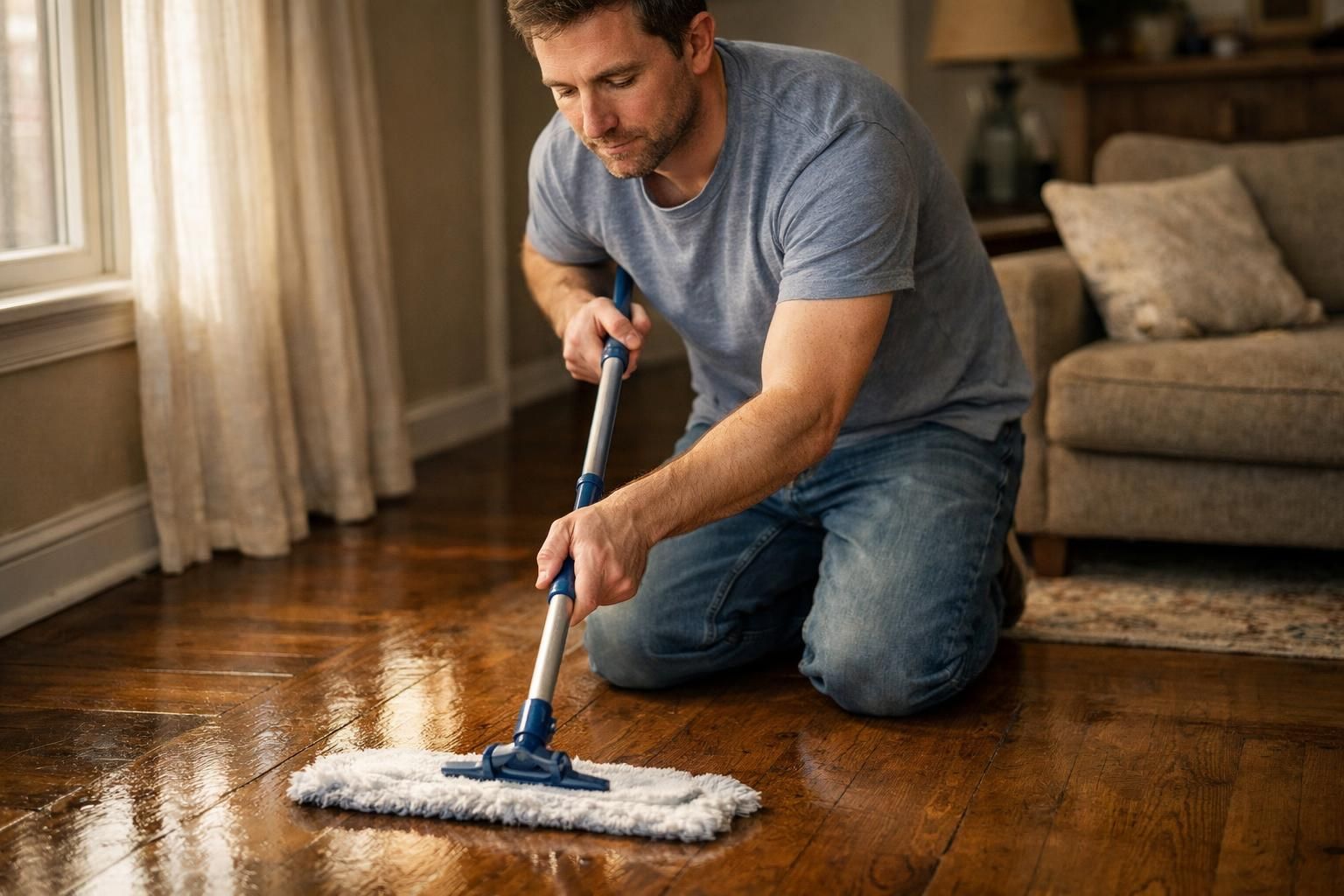 An adult mops a polished hardwood floor in a relaxed living room.