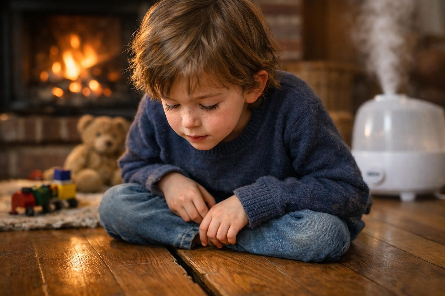A child points at small gaps between floorboards in a cozy living room.