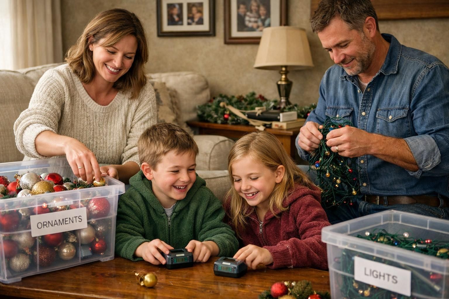 A family packing holiday ornaments into labeled bins together.