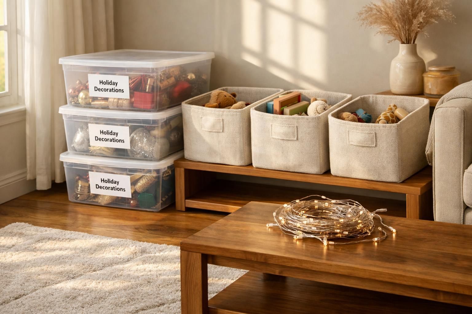 A tidy living room with clear bins storing holiday decor and kids' toys.