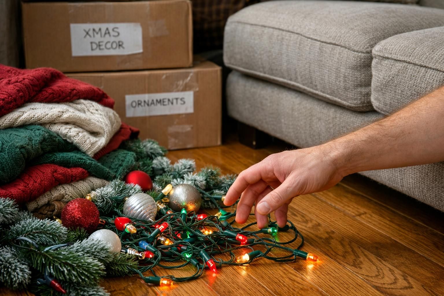 A living room filled with ornaments and lights being sorted for storage.