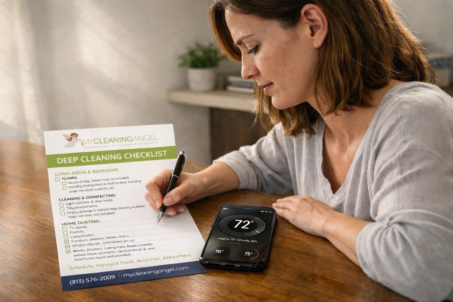 A person building a simple cleaning plan at a desk with a notebook and phone.