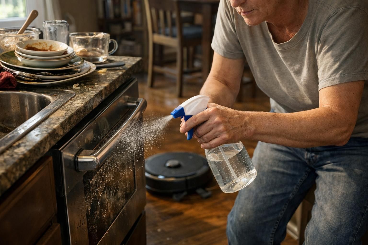A person cleaning a busy kitchen after holiday cooking and gatherings.