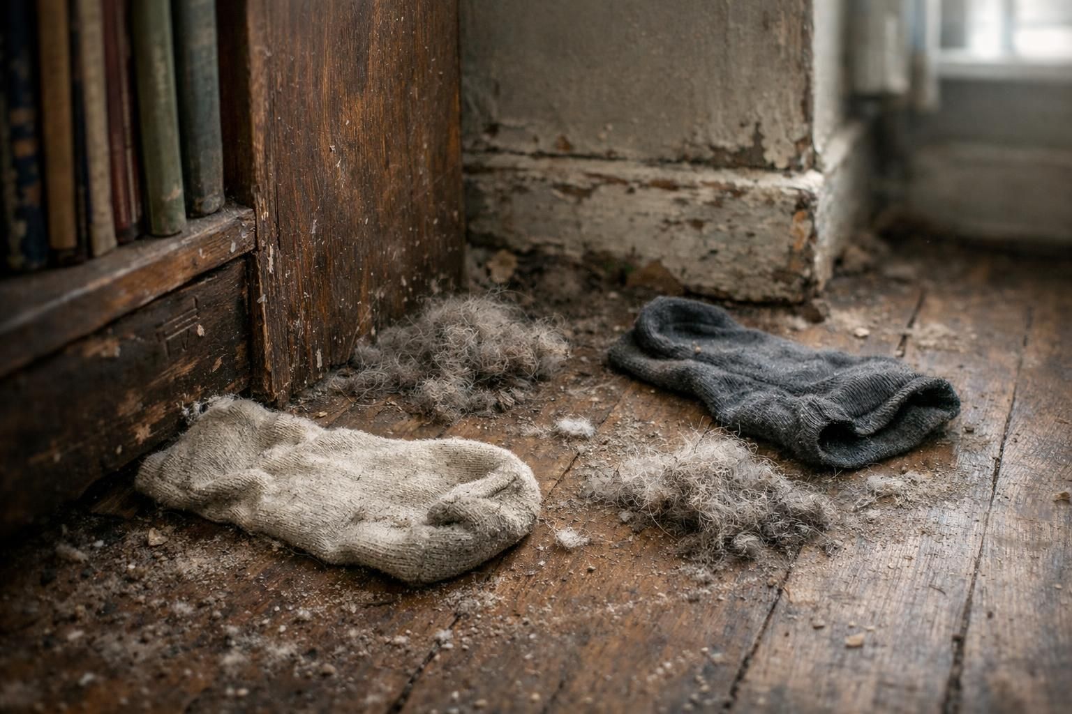A neglected living room corner with a dusty bookshelf and worn socks.