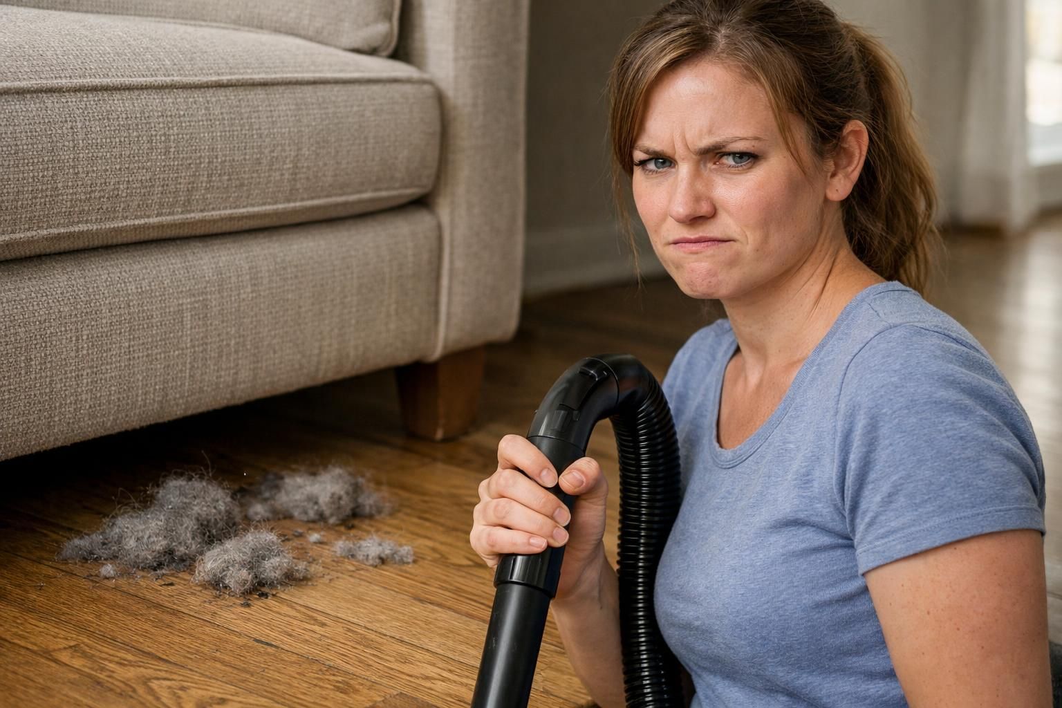 A woman disapprovingly grips a vacuum near a dusty couch.
