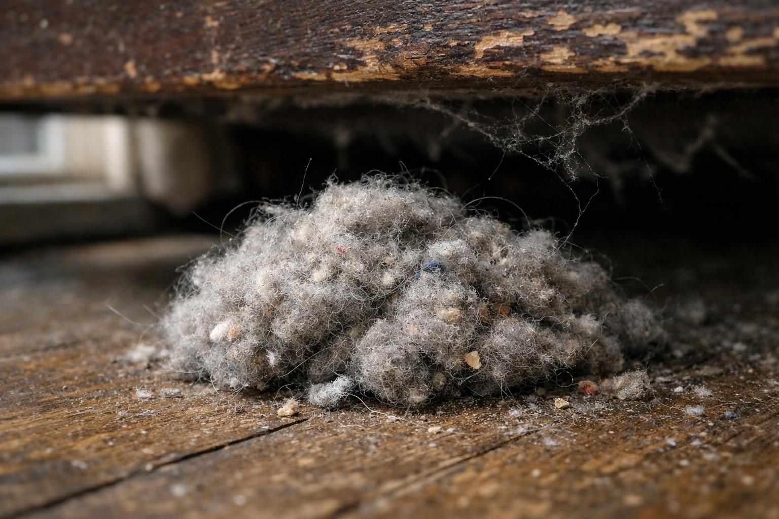 A dust ball accumulates beneath a worn wooden sofa.