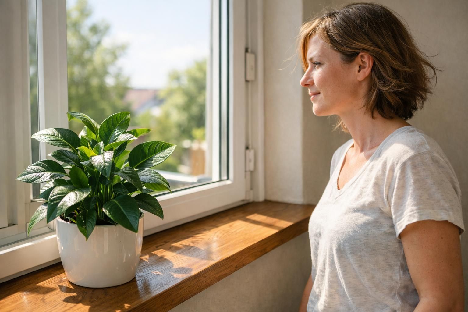 A relaxed person stands by a clean, sunlit window with a plant.