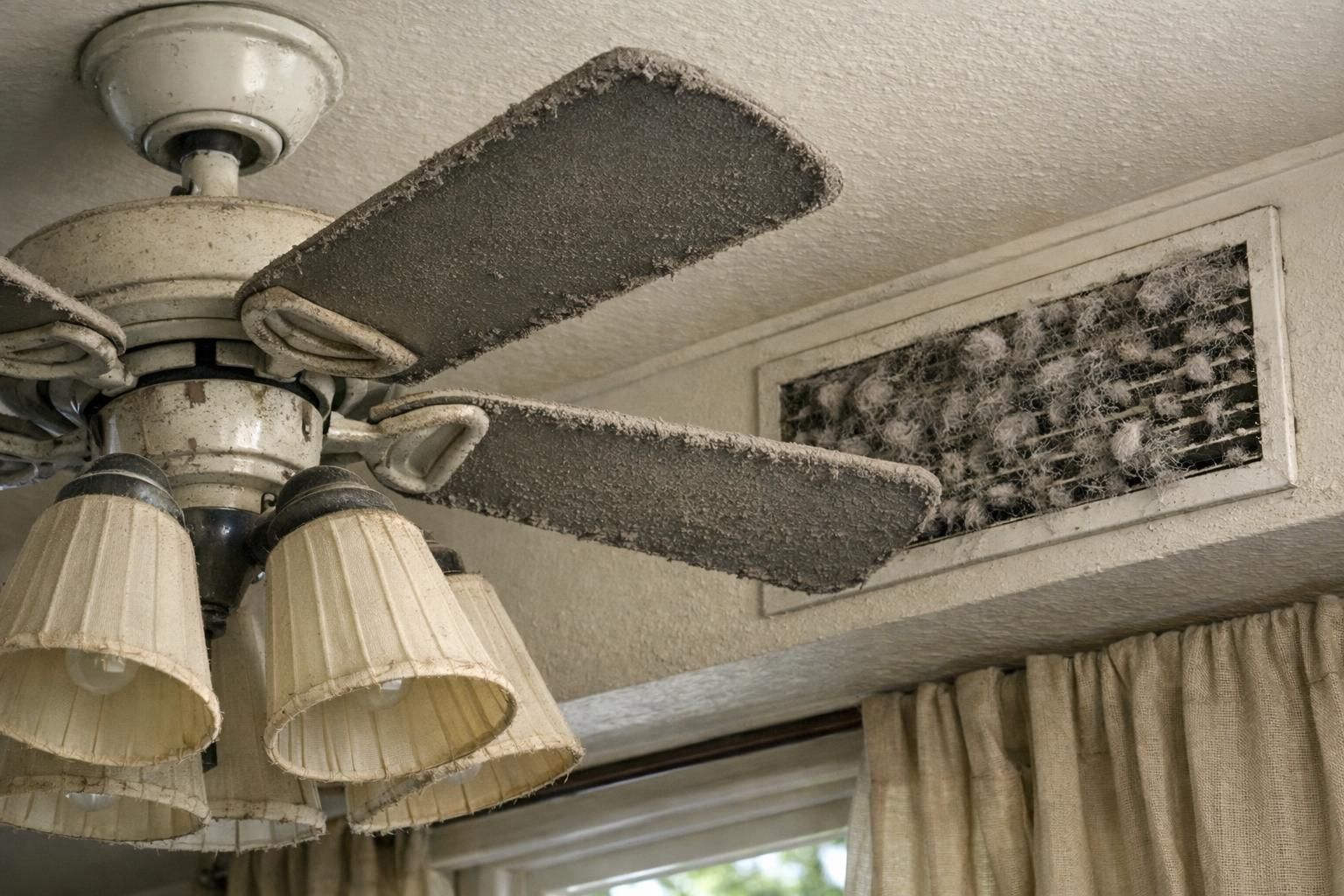 A dusty ceiling fan highlights an undisturbed, lived-in home space.