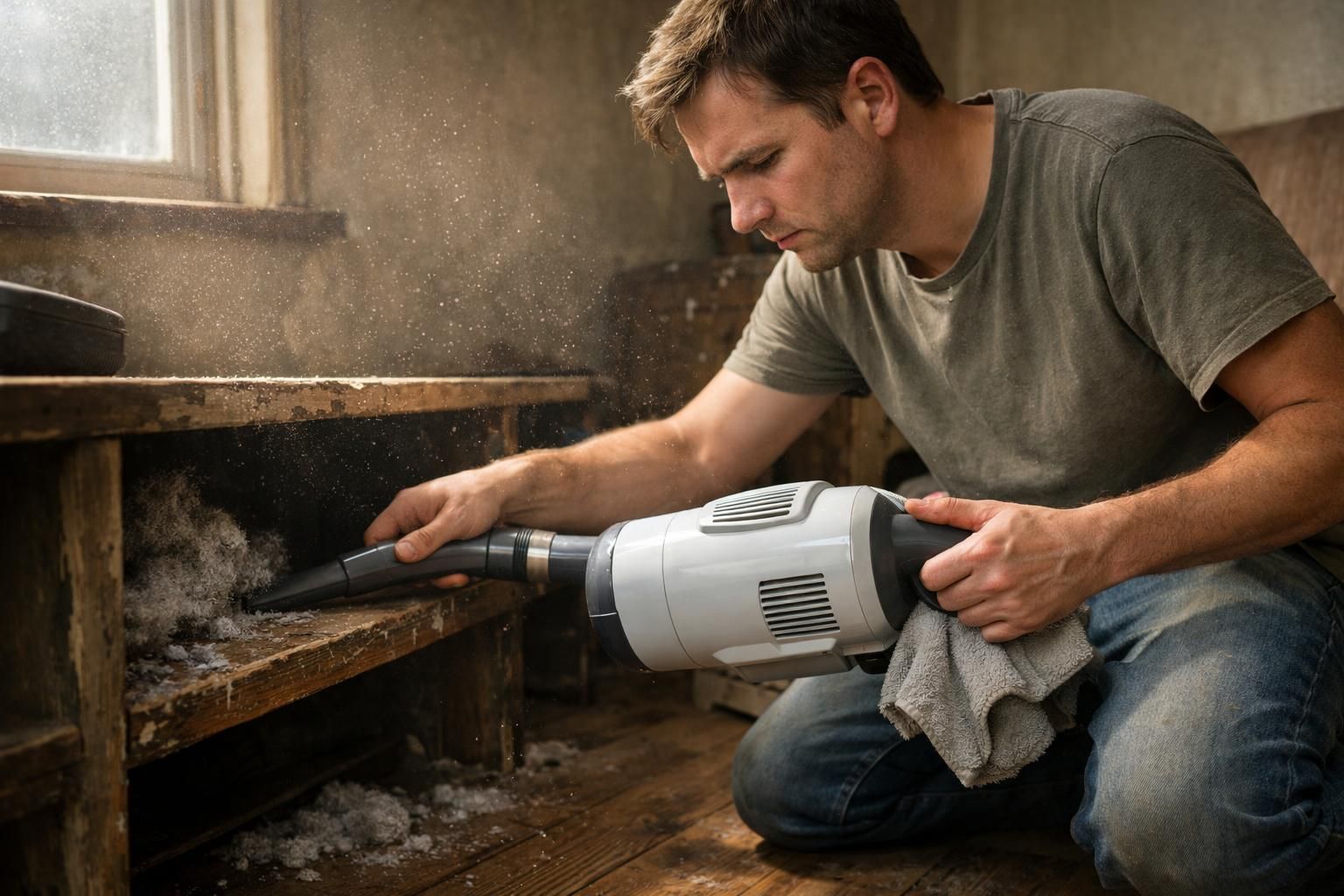 A focused individual cleans a cluttered room with a vacuum.