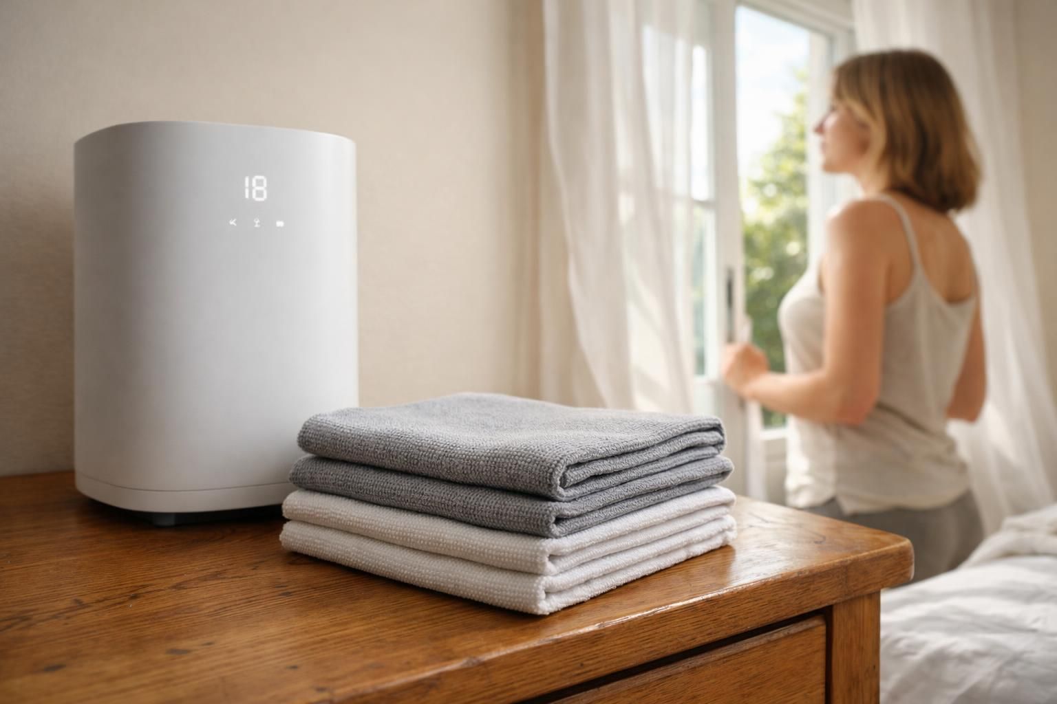 A serene bedroom featuring modern decor and an organized bedside table.