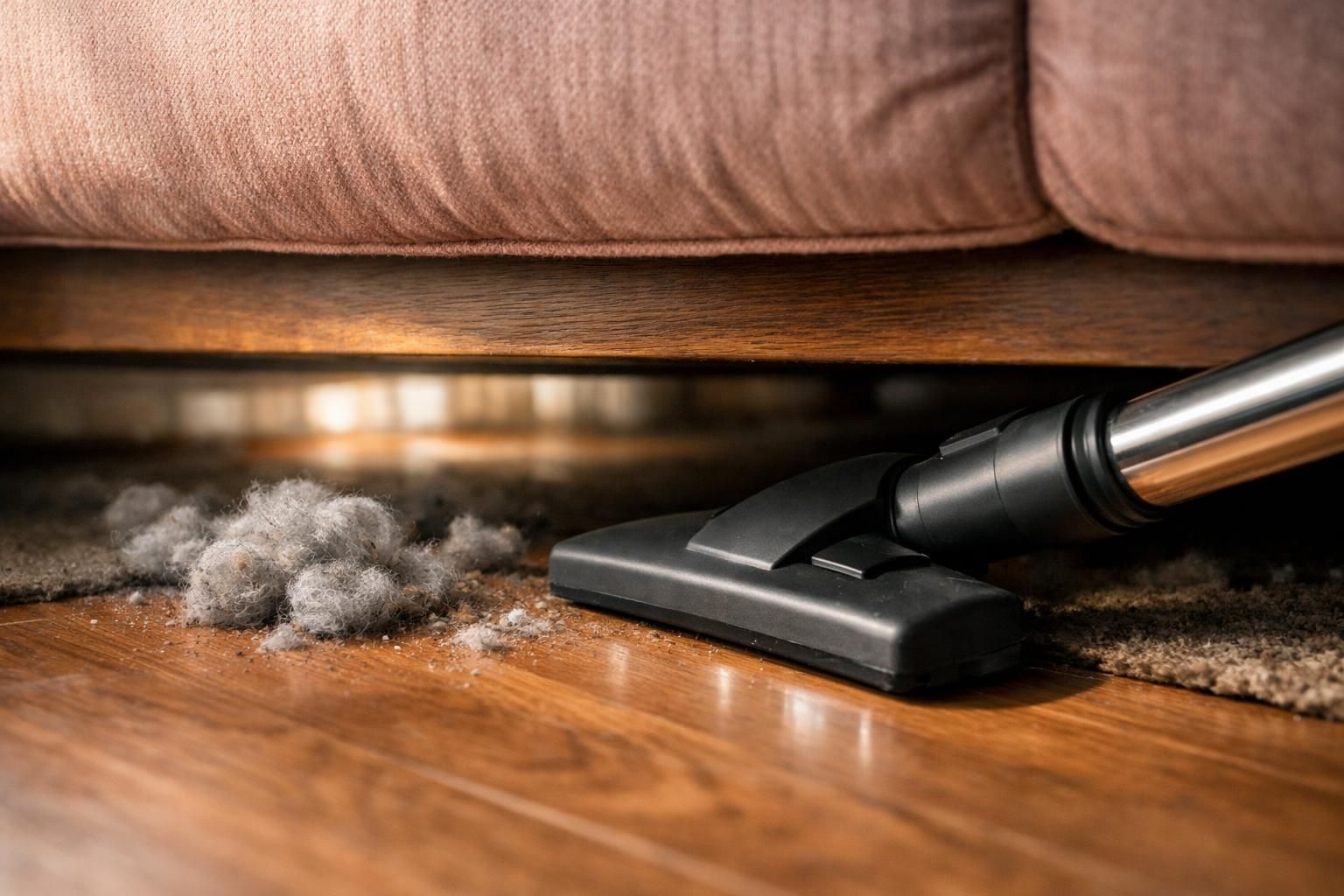 A vacuum nozzle rests under a worn couch, highlighting routine cleaning.