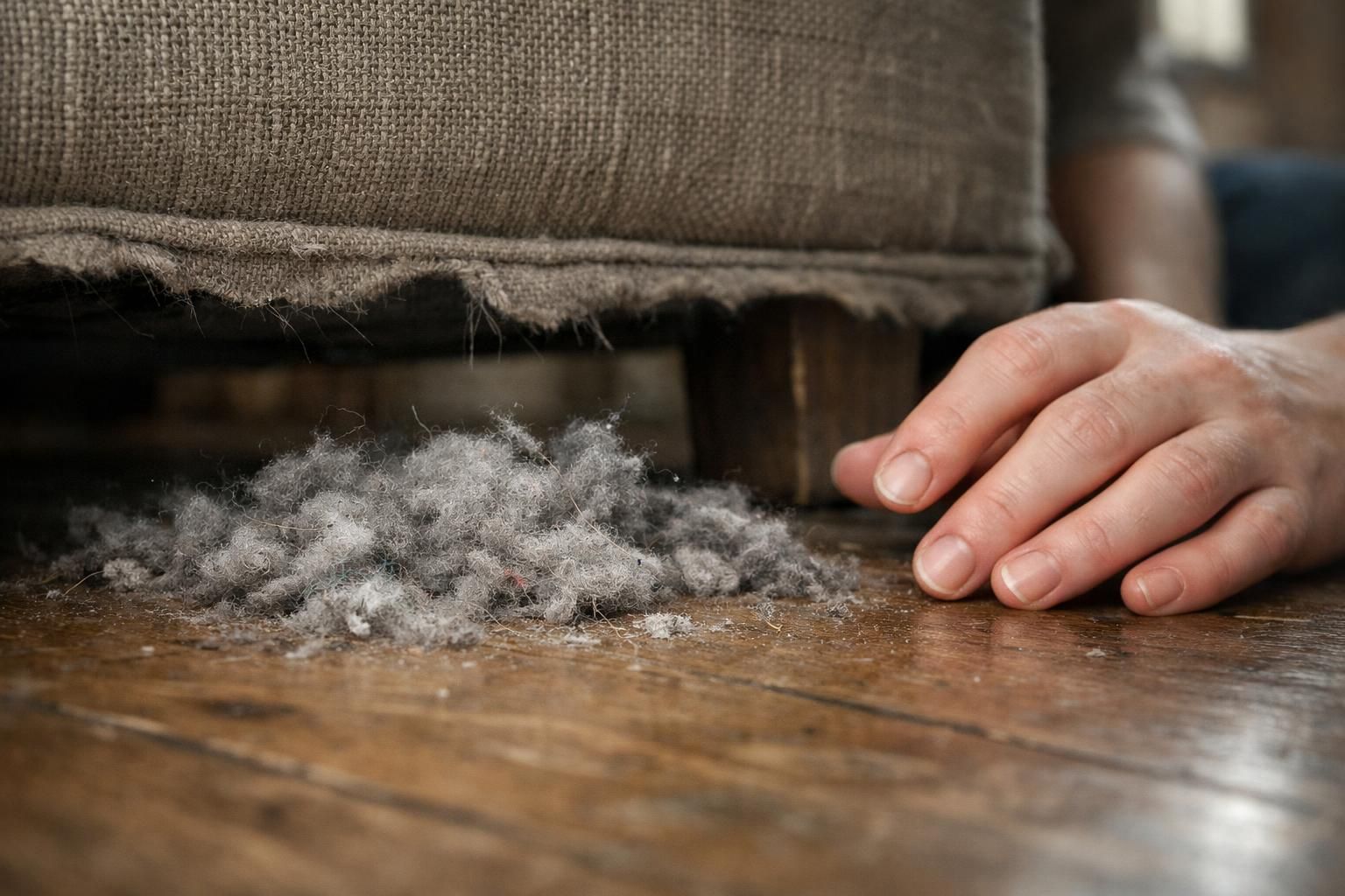 A close-up shows dust bunnies under a worn fabric couch.