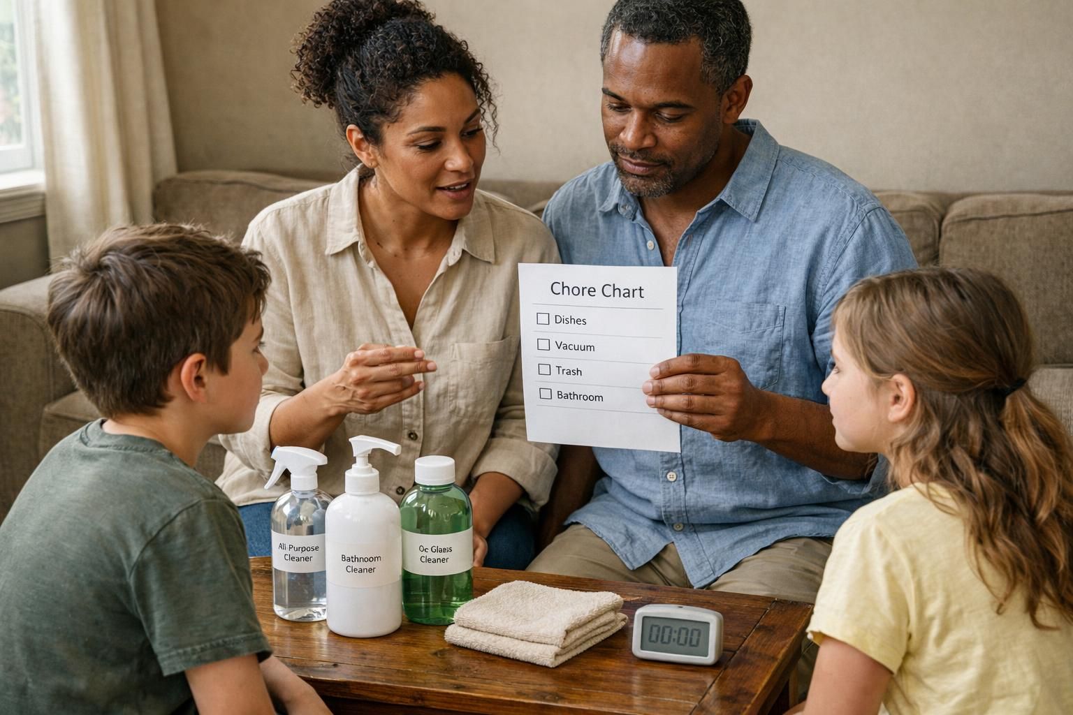 A family reviews a simple cleaning plan together in their living room.