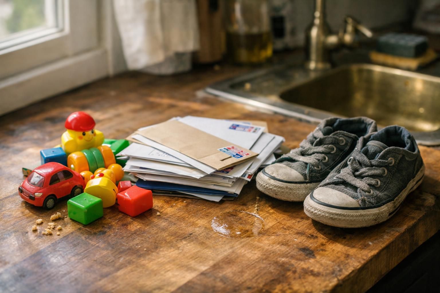 A messy kitchen counter piled with toys, shoes, and mail.