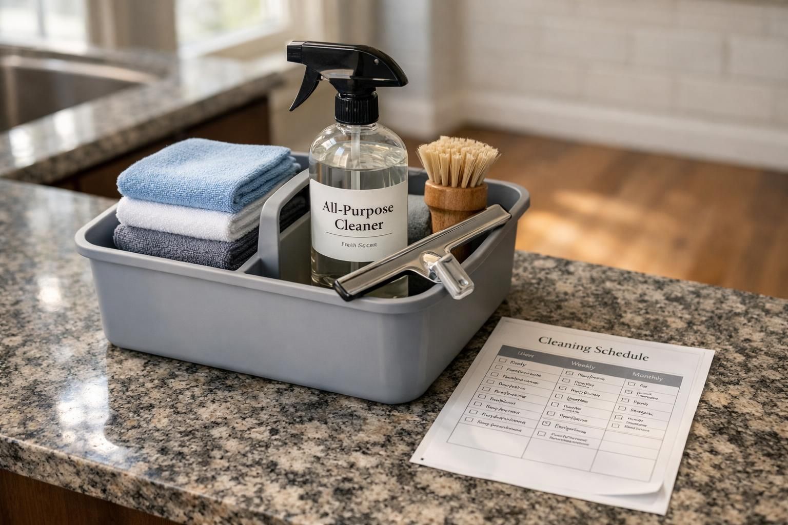 A compact cleaning caddy with sprays, cloths, and brushes on a counter.