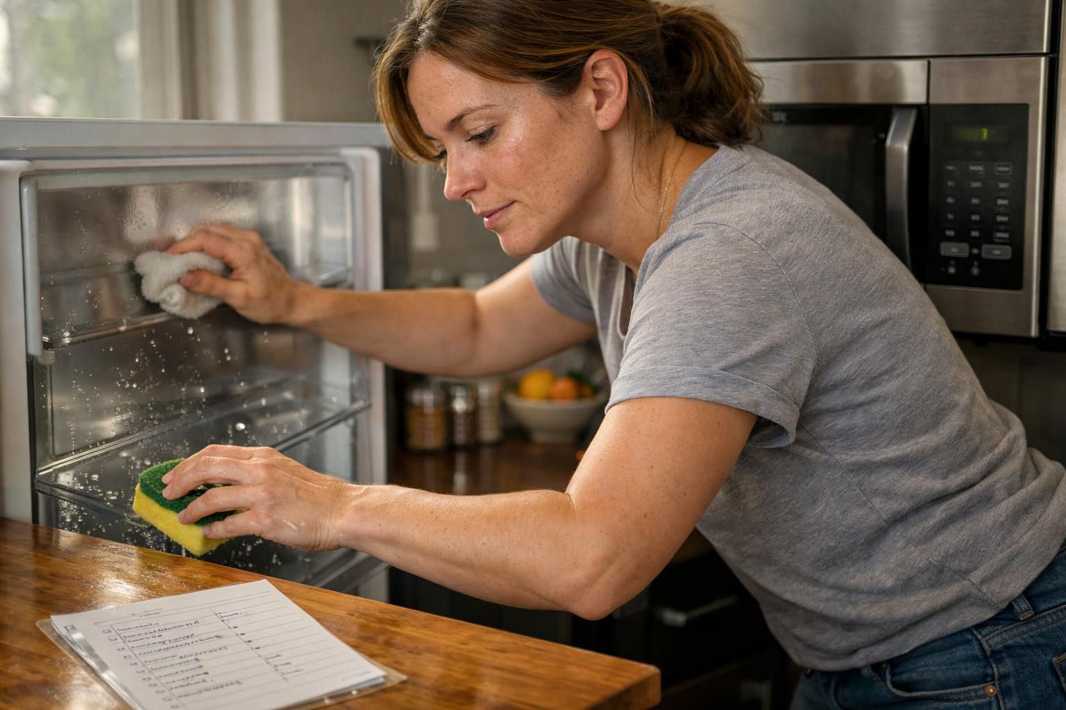 A woman wipes a modern kitchen counter, keeping appliances tidy.