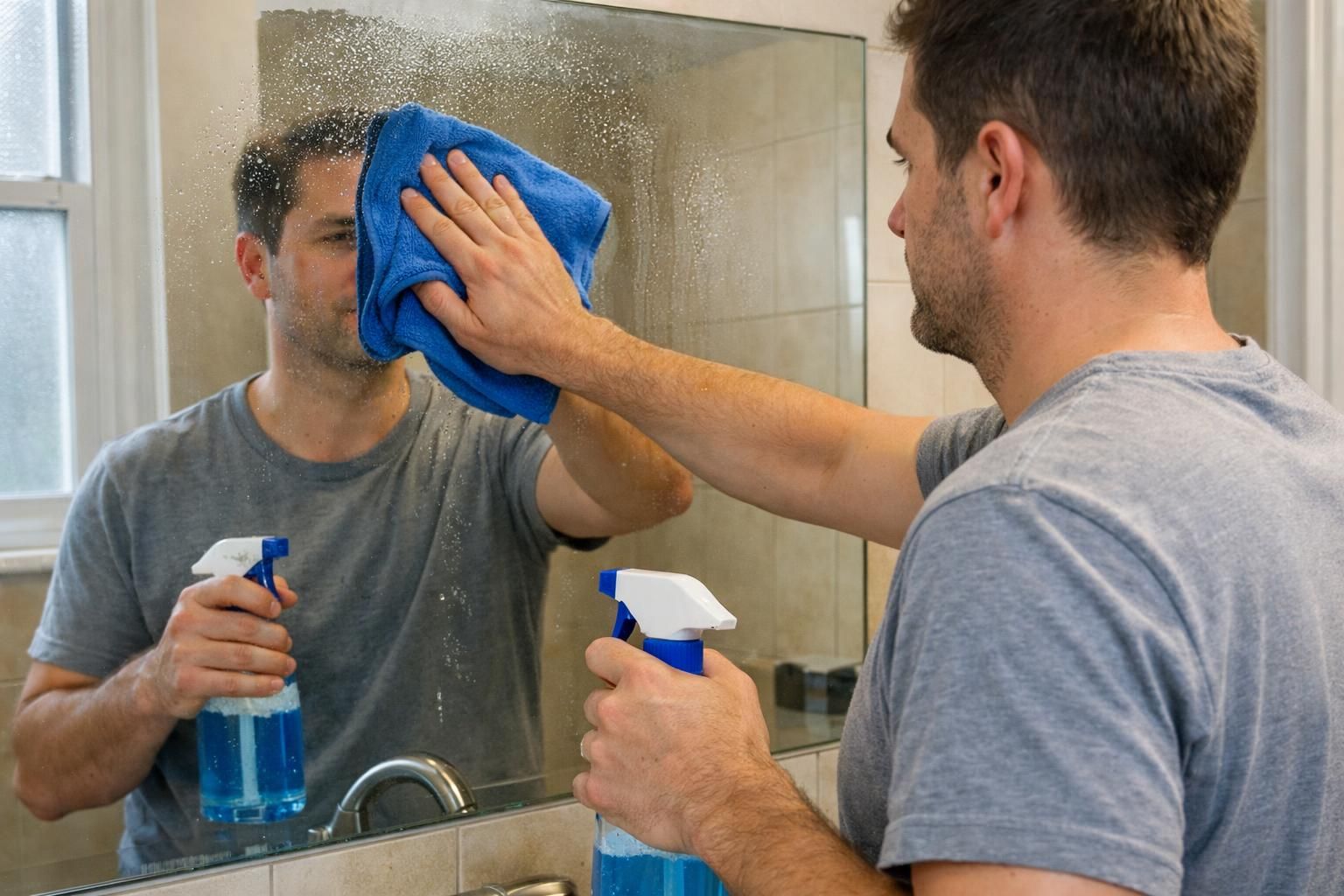 A person wipes a mirror with a cloth in a small bathroom.