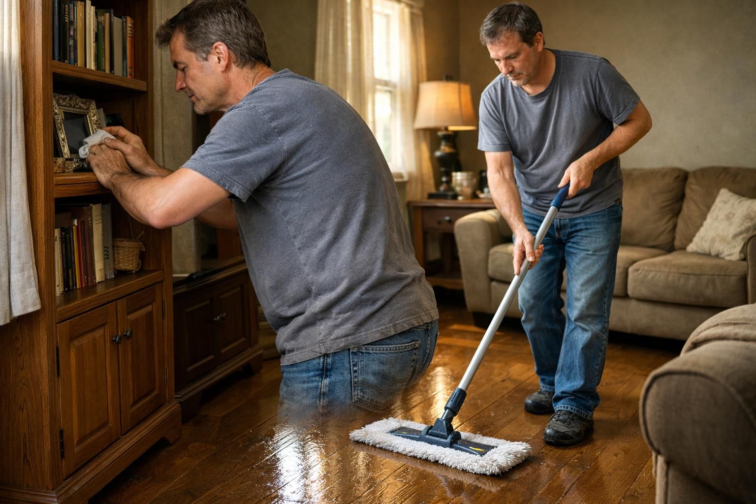 A person dusts a bright living room, moving from shelves to side tables.