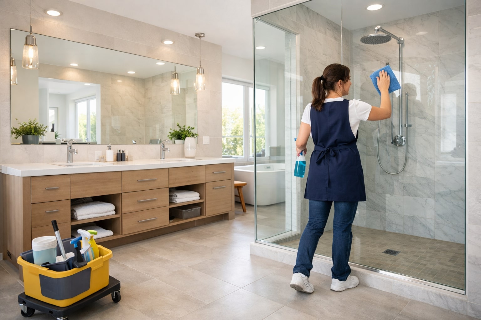 An adult scrubs a shower in a bathroom.