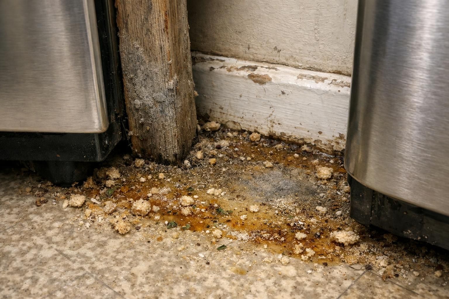 A kitchen corner with crumbs and grease hiding behind a stove and refrigerator.