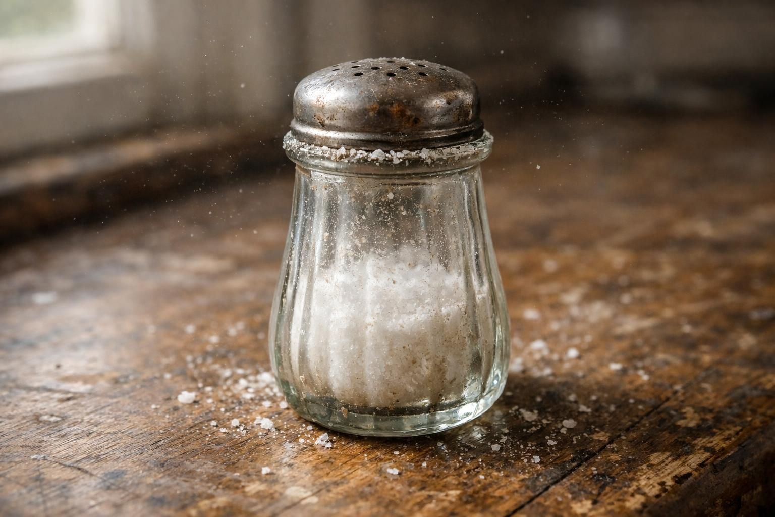 A used salt shaker on a kitchen counter showing grime from frequent handling.