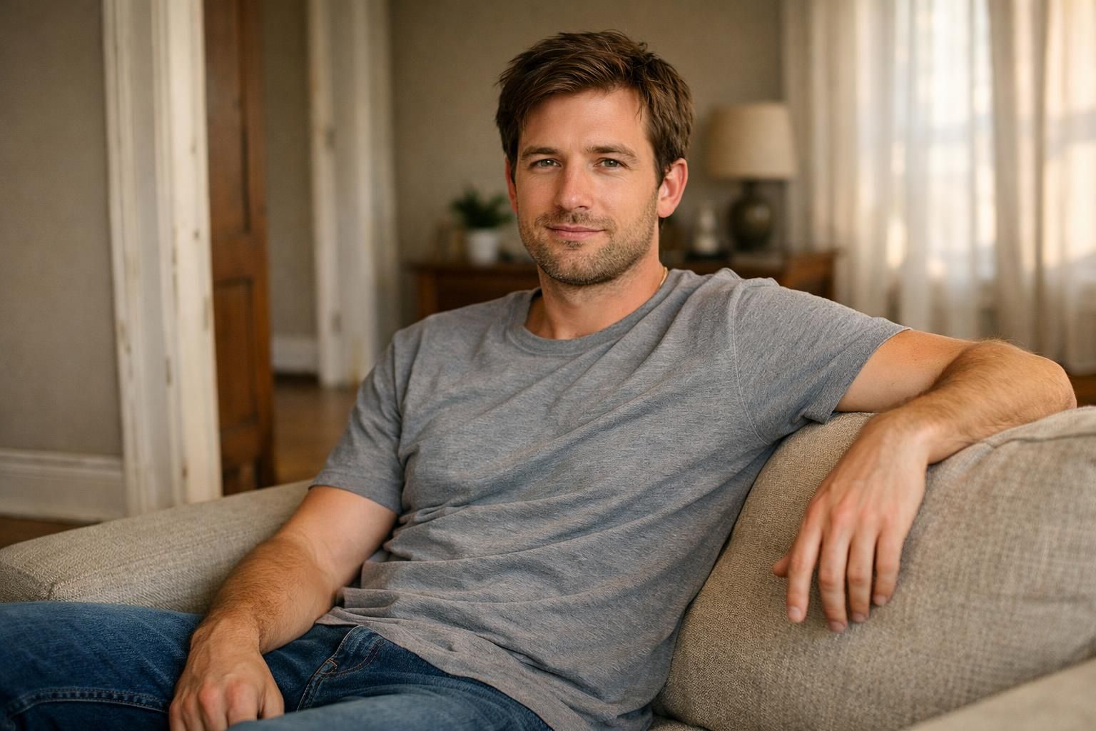 A relaxed person sits on a couch while sunlight reveals dust on nearby trim.