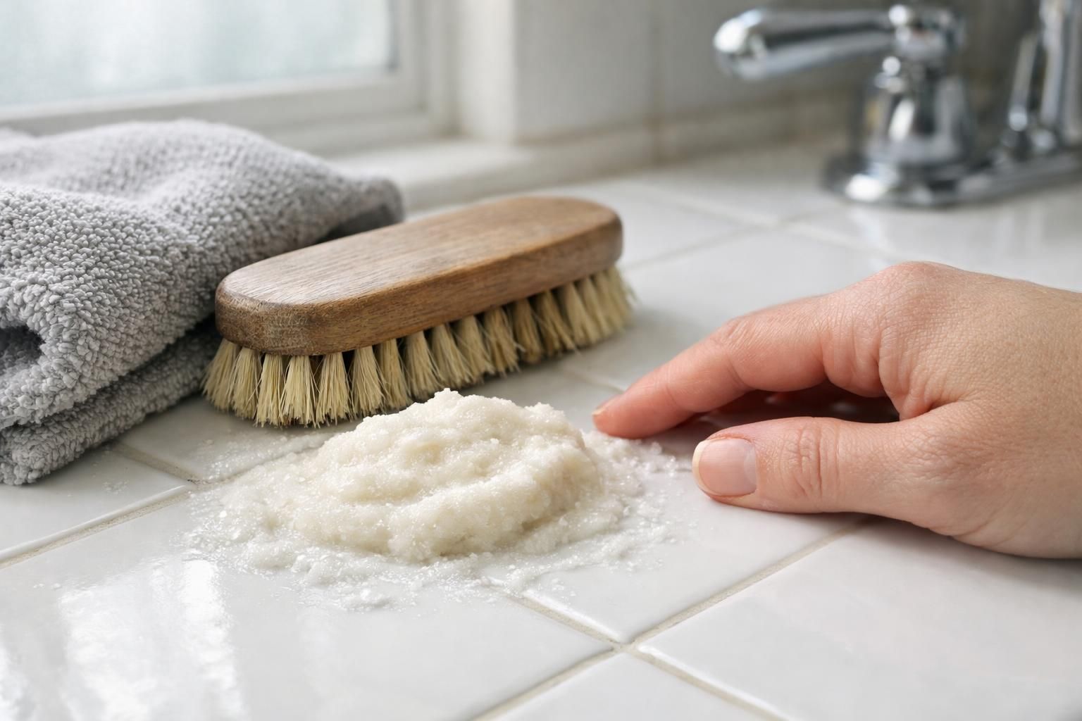 Microfiber cloths, a small brush, and baking soda paste set out for cleaning.