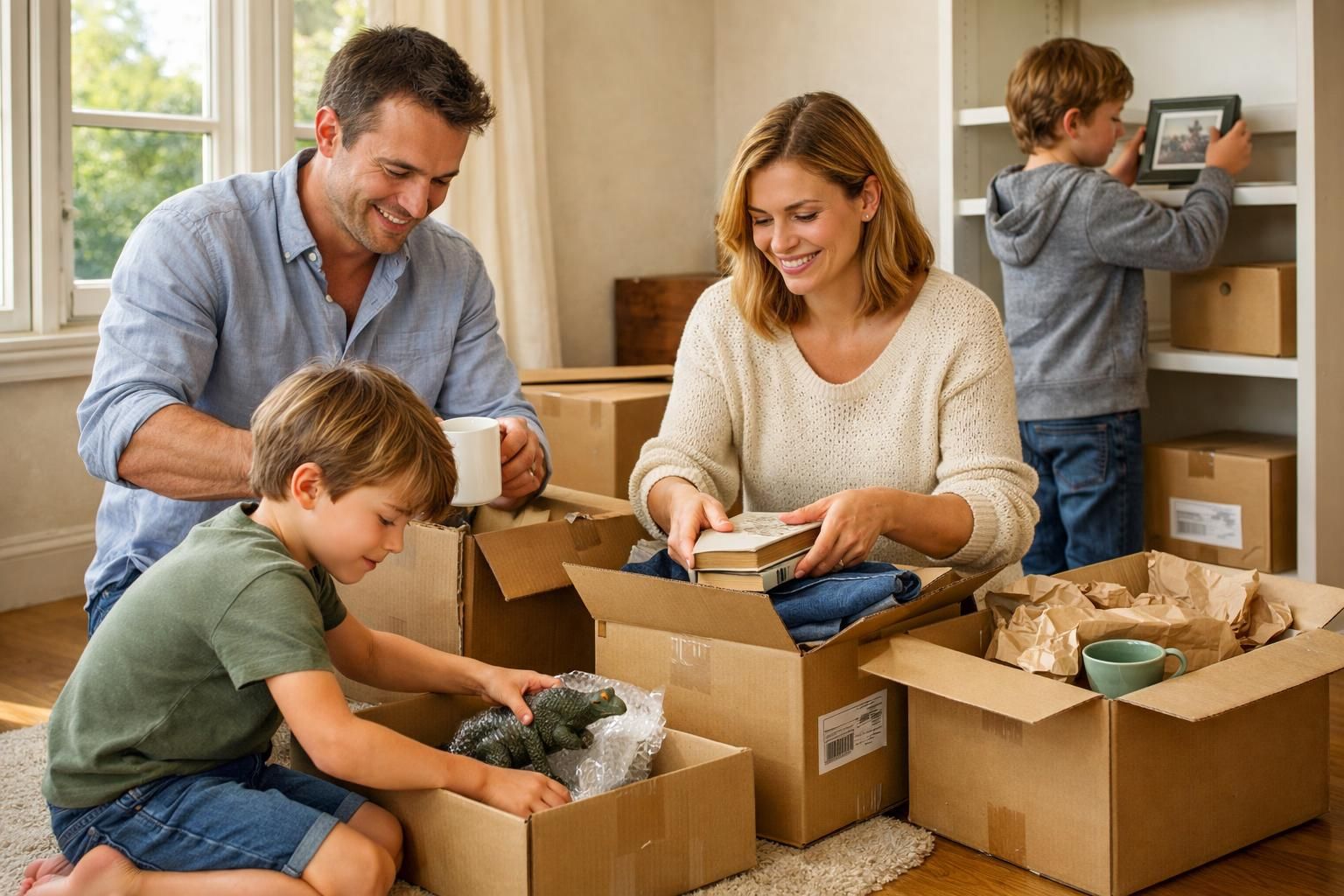 A family unpacks in a bright, freshly cleaned living room.