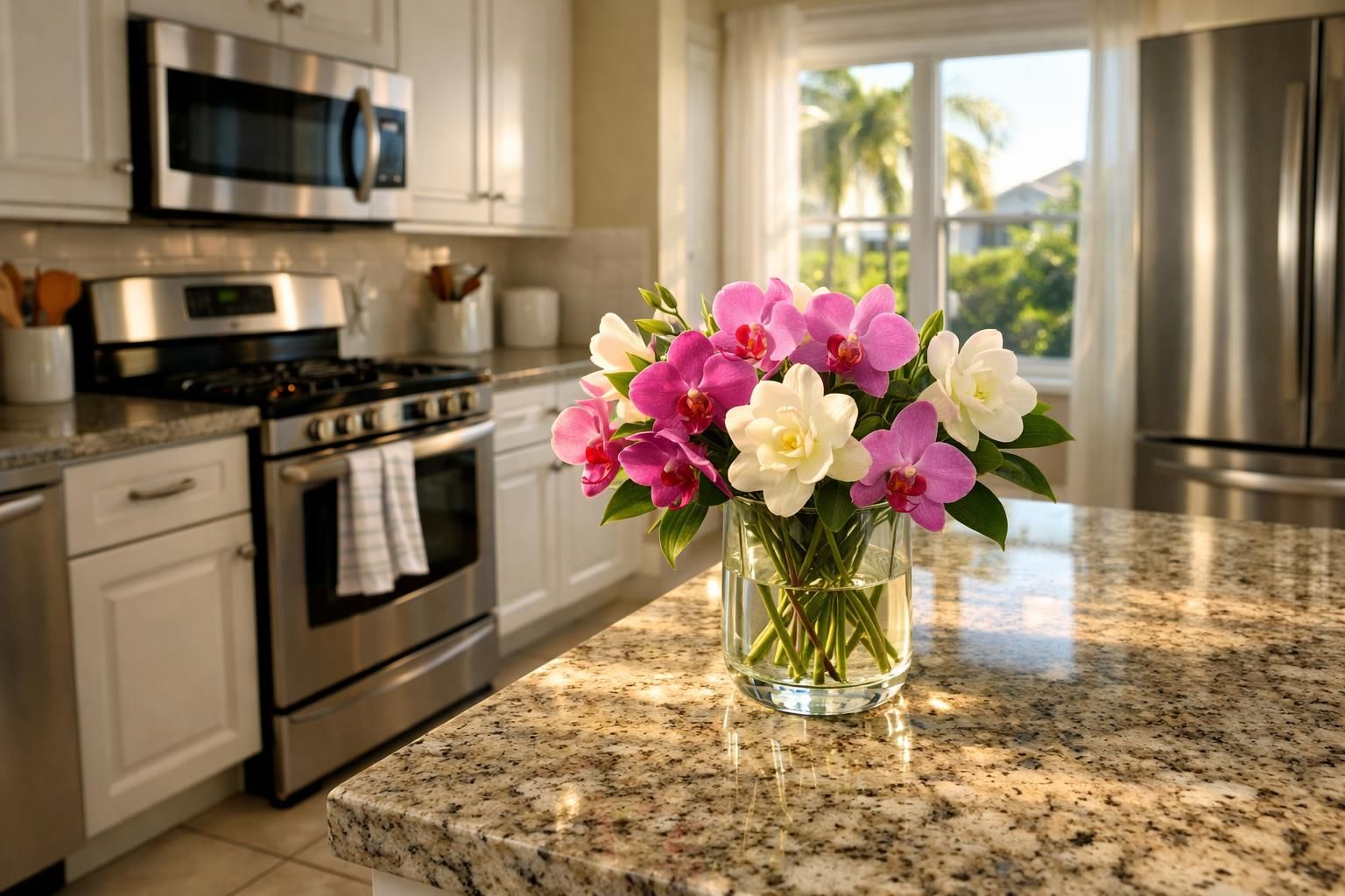 A spotless kitchen with granite counters and fresh flowers.