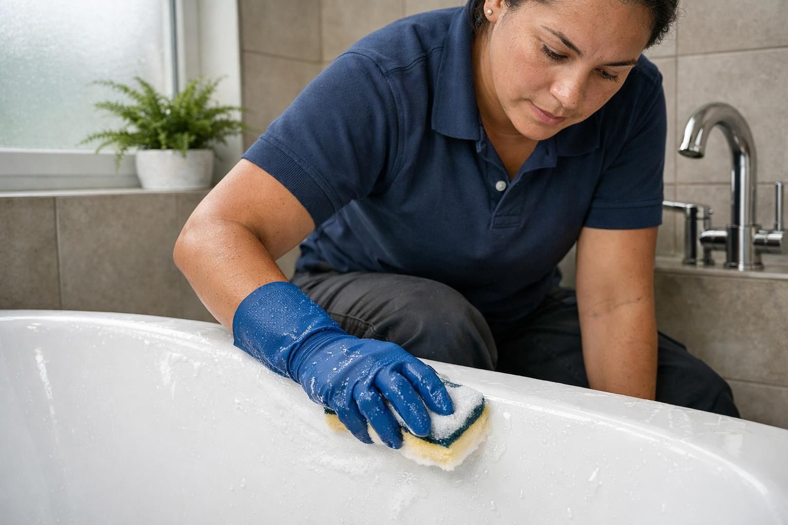 A cleaner scrubs a modern bathtub until it shines.