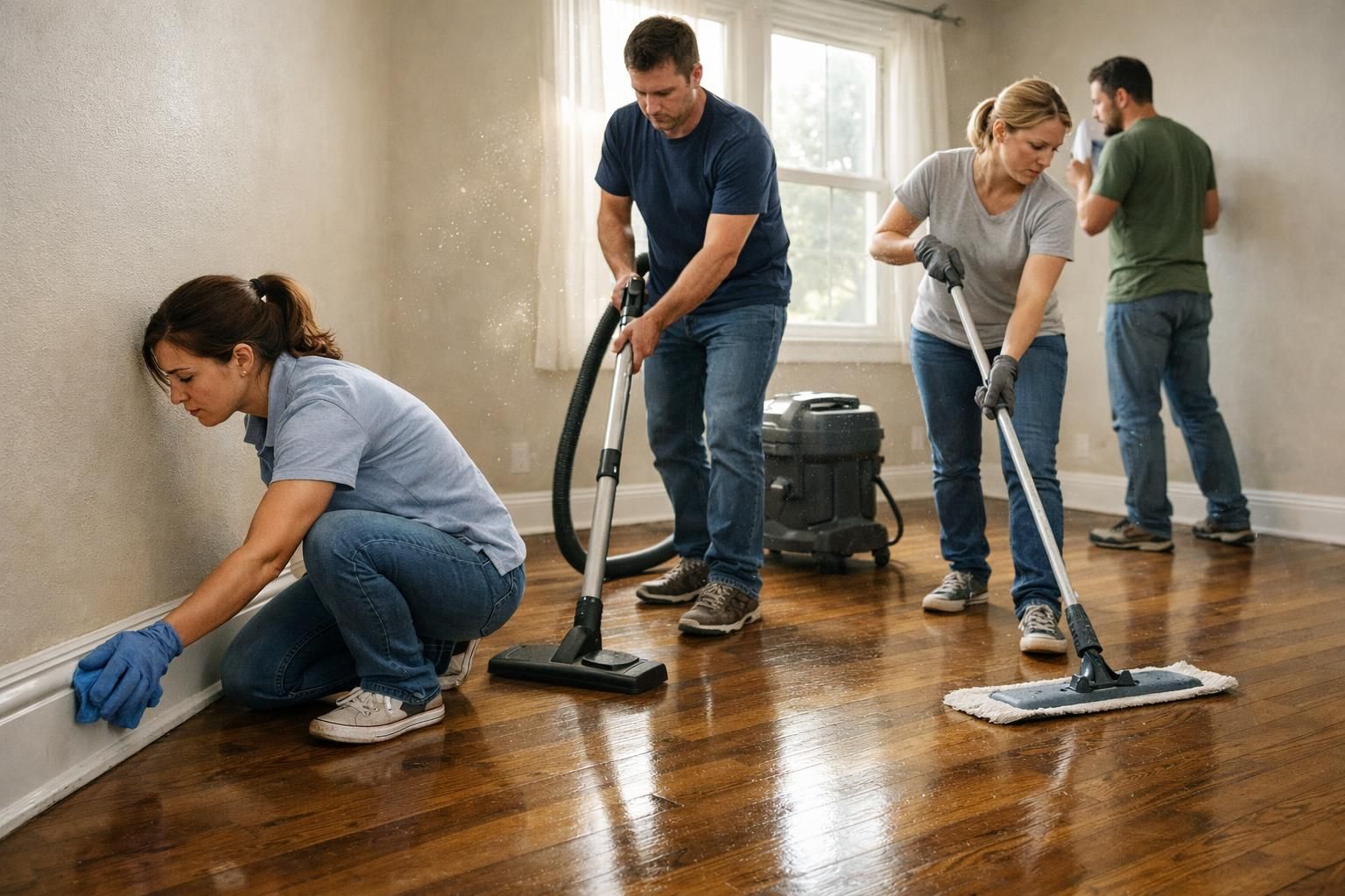 A pro cleaning crew deep cleans an empty living room before move-in.