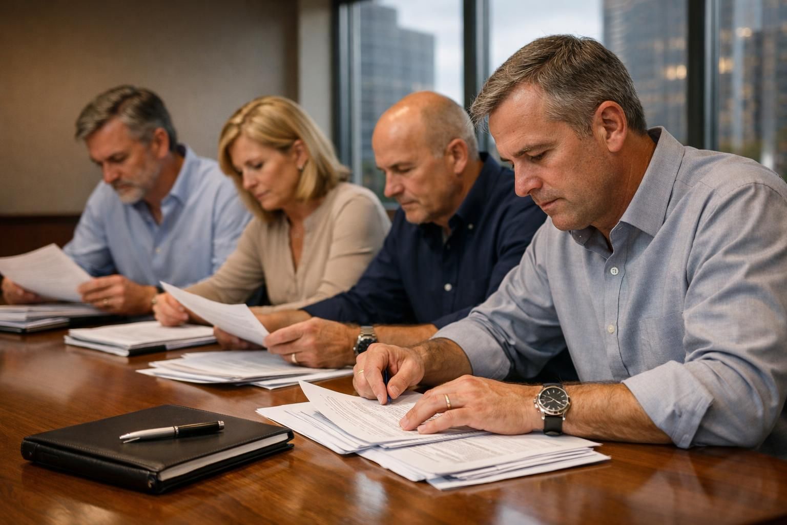 A team reviews insurance and service documents before hiring a cleaner.