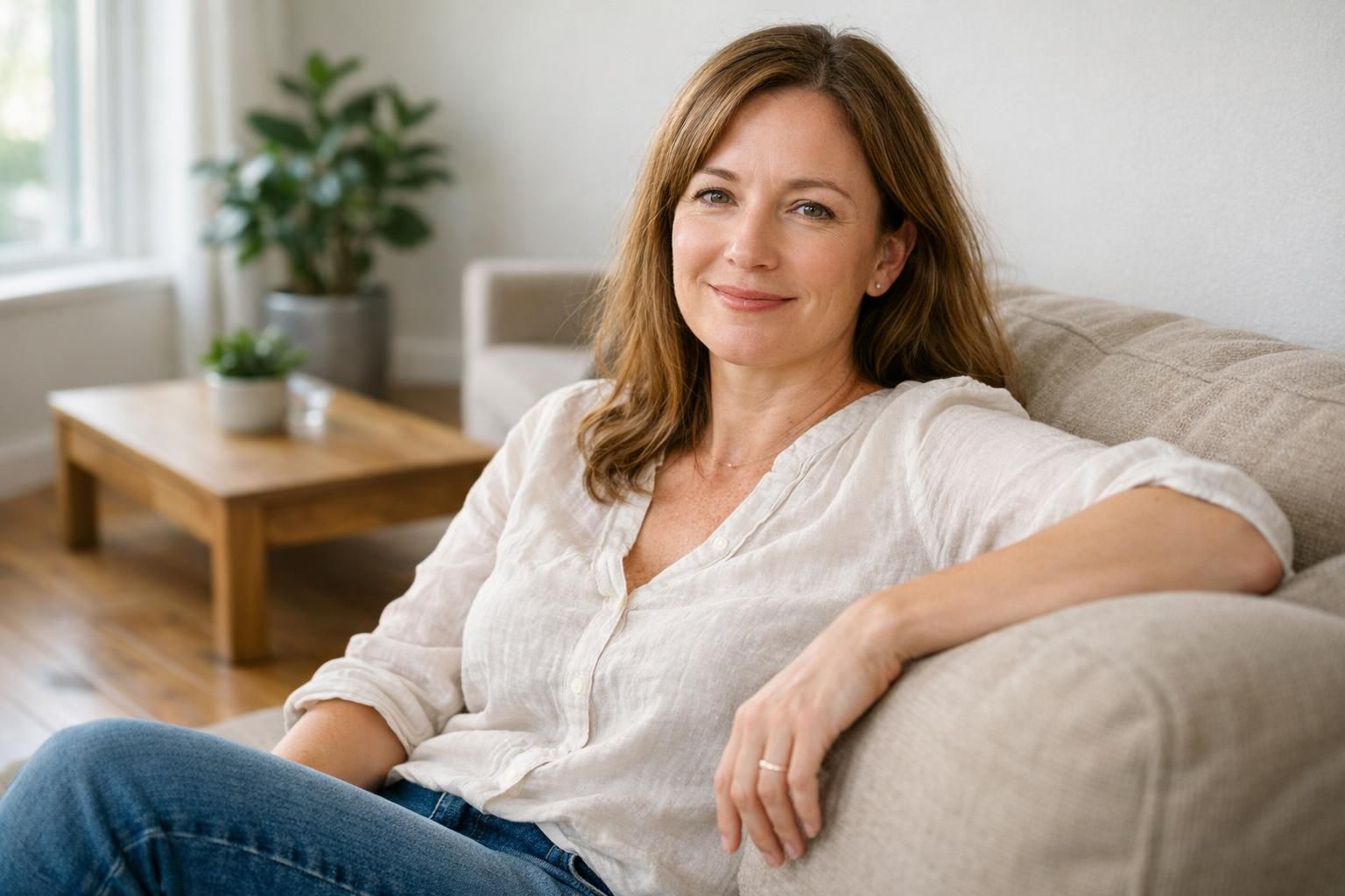 A homeowner relaxes in a clean, move-in-ready living room.