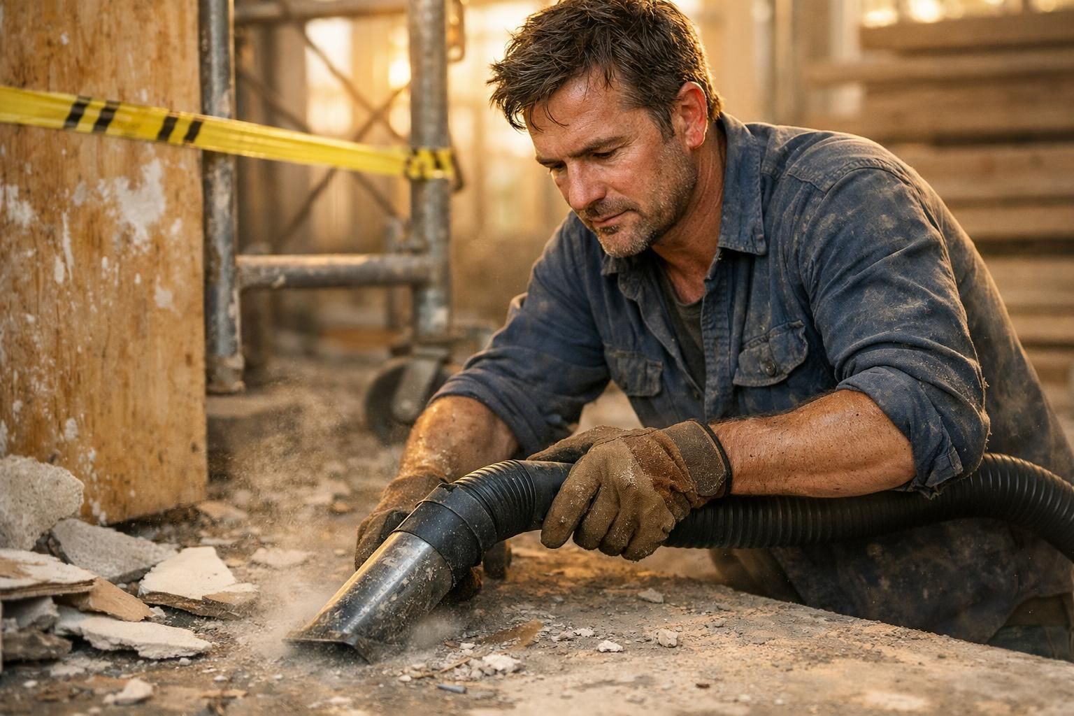 A worker uses a vacuum to remove construction dust and debris.