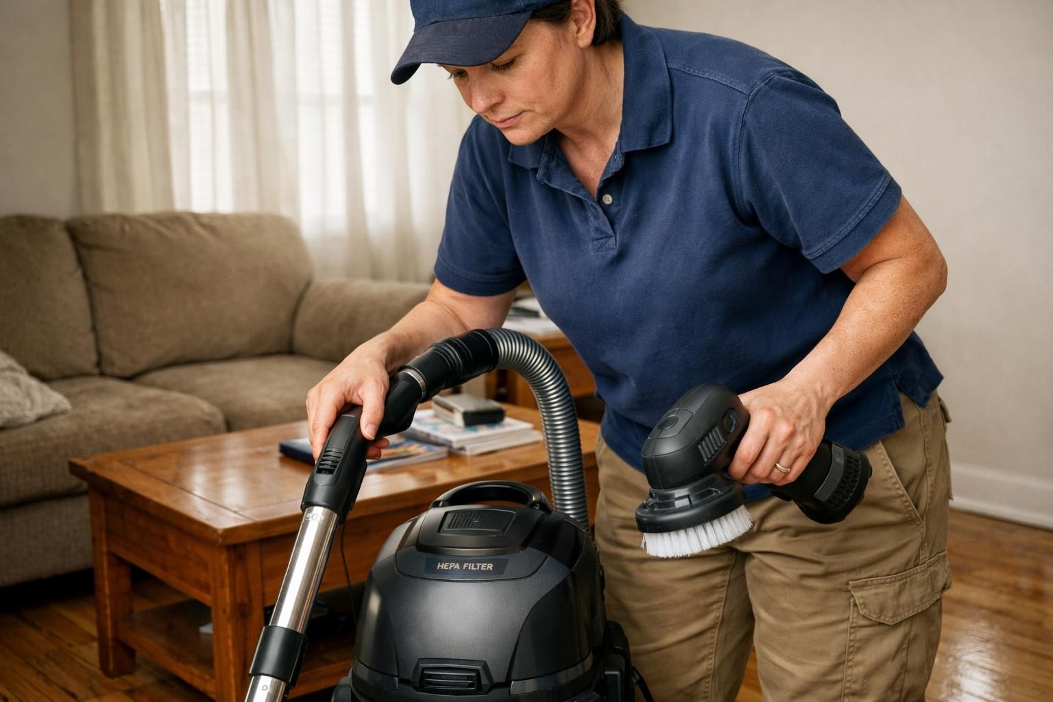 A cleaner vacuums a living room as part of a full post-construction service.