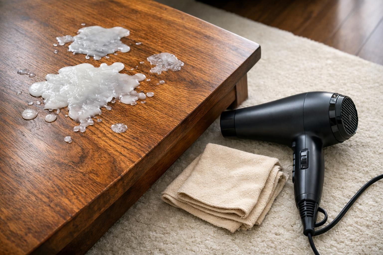A polished wood coffee table with wax drips, paper towels, and a hair dryer nearby.