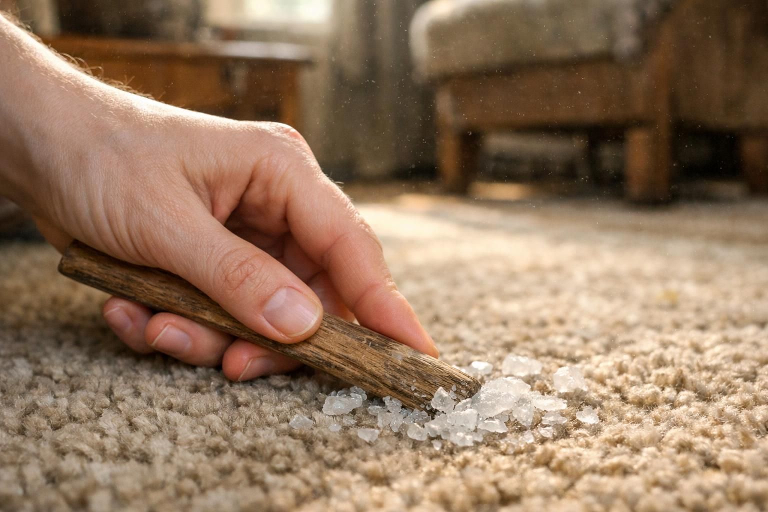 A hand lifts hardened wax from a textured beige carpet.