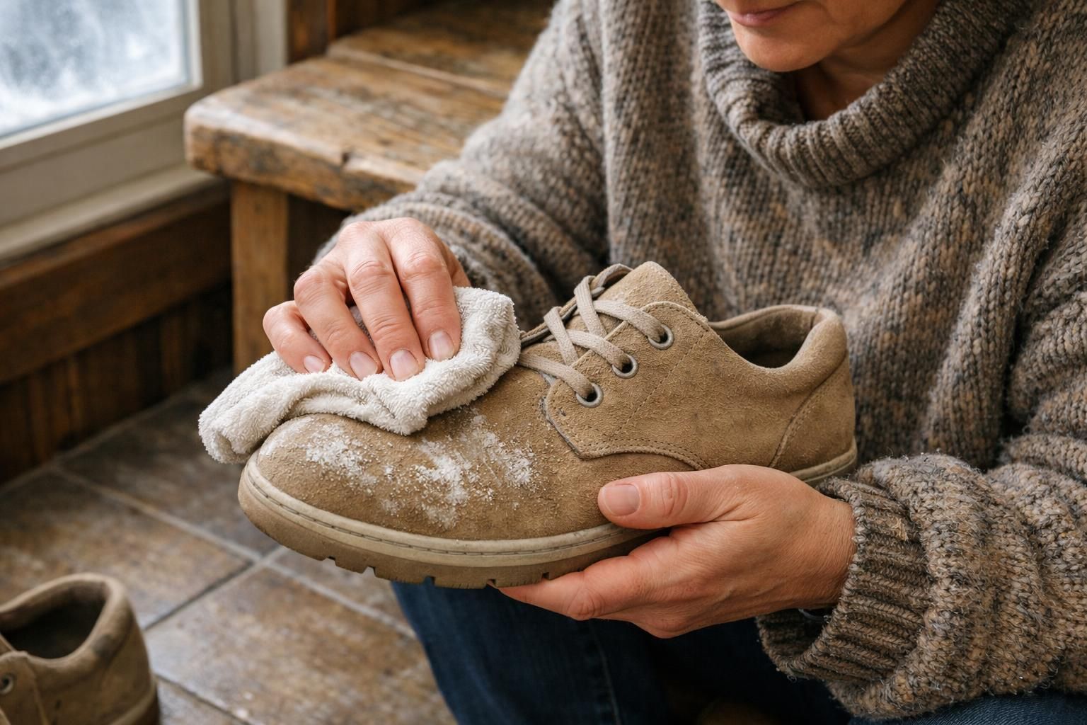 A person carefully cleaning worn suede shoes in a cozy entryway.