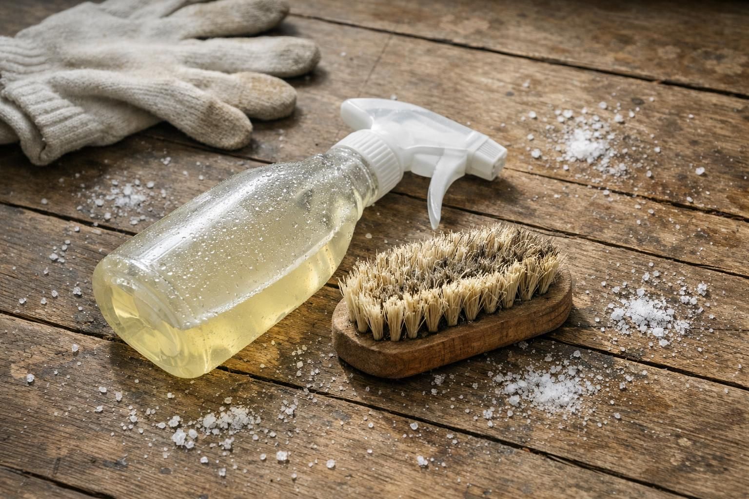 A kitchen floor with simple cleaning tools ready for use.