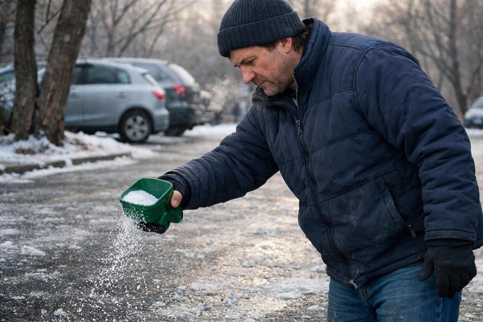 A worker spreading de-icing salt on a slick city street.