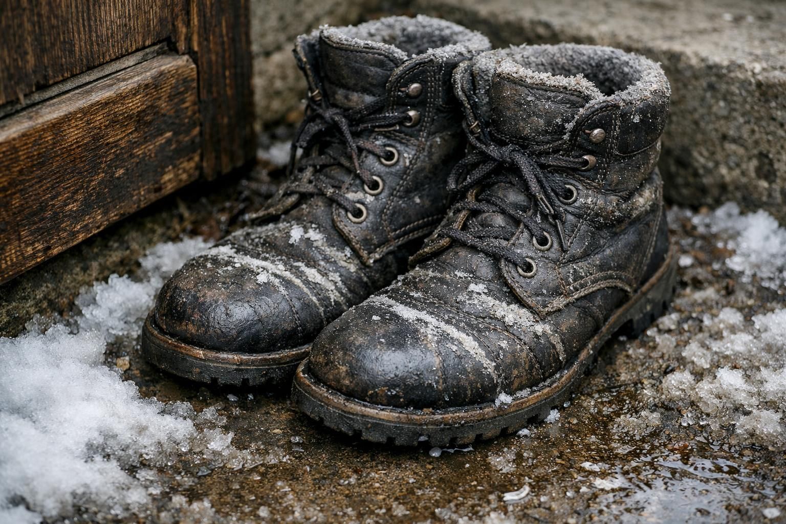 Worn winter boots beside a snowy doorstep.