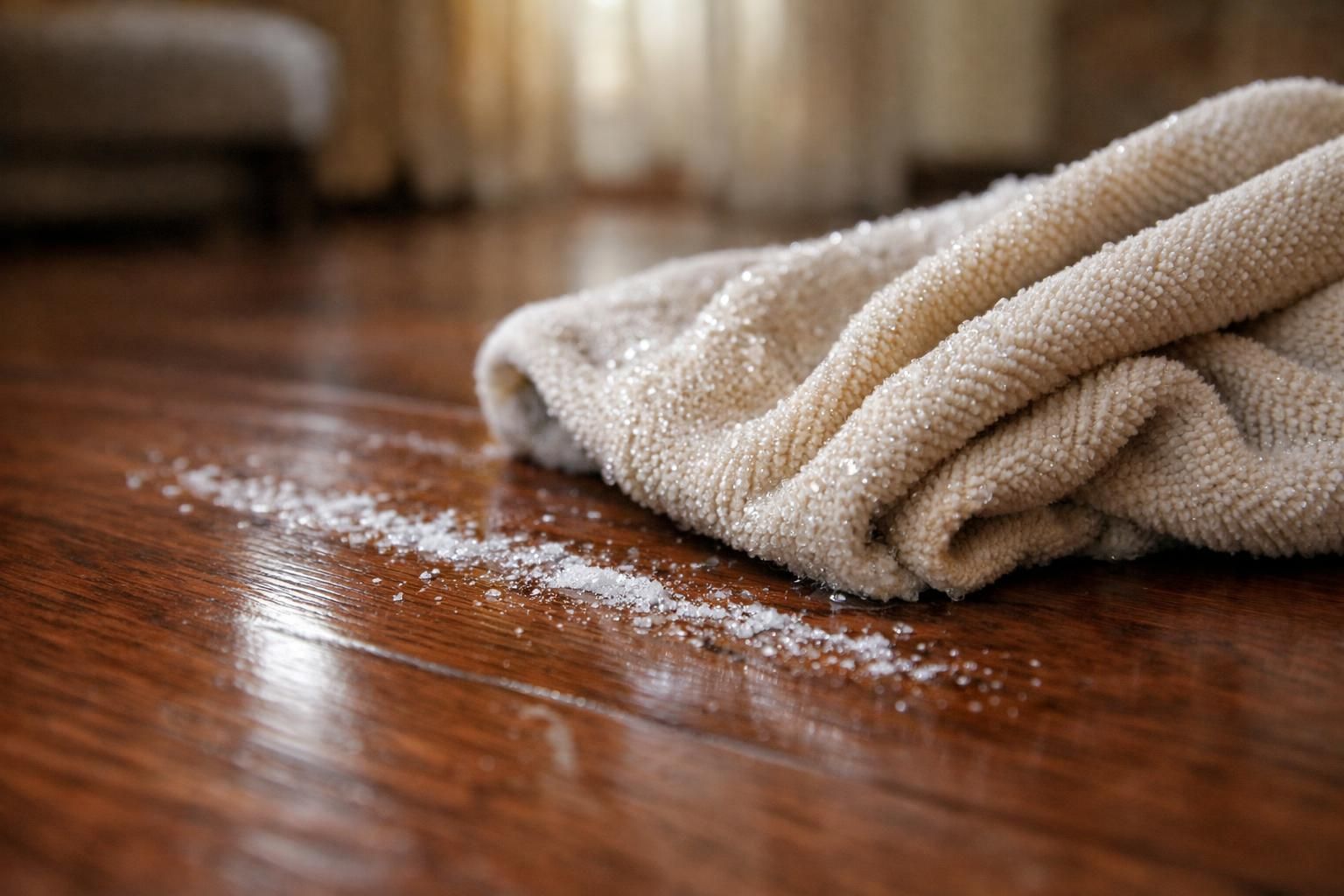A microfiber cloth wiping a hardwood plank with vinegar solution.