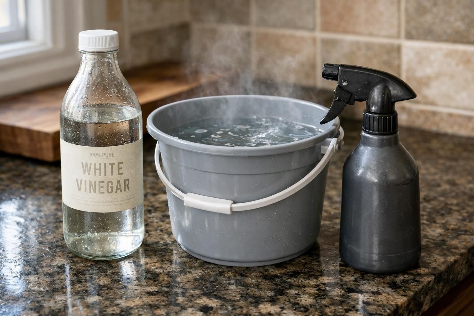 A bottle of white vinegar beside reusable cleaning supplies.