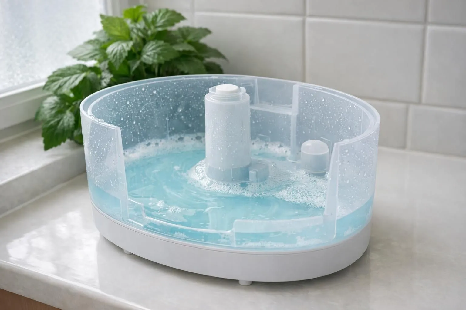 A clear humidifier reservoir filled with a disinfecting solution.