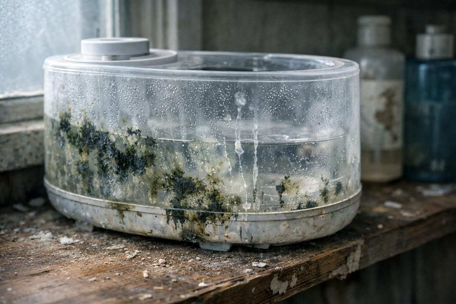 A dirty, neglected humidifier tank with visible mold on a dusty shelf.