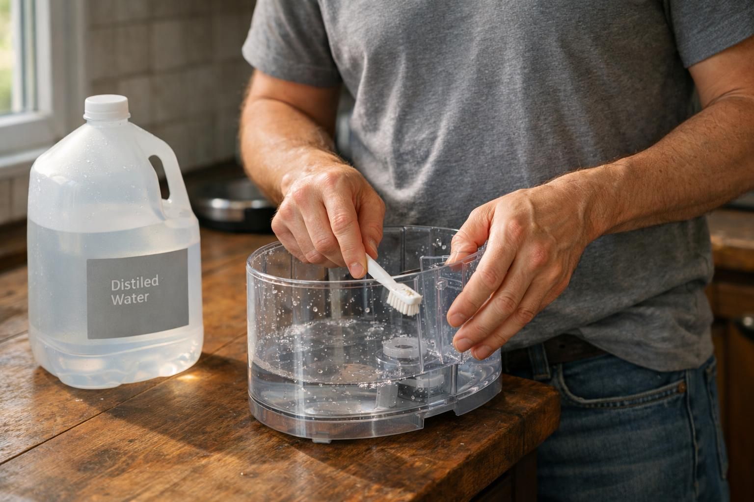 An adult rinses a humidifier reservoir at a kitchen counter.